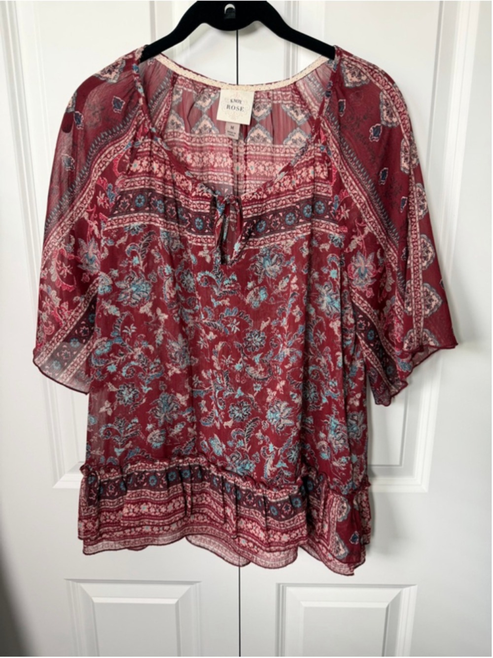 Knox Rose Blouse M Red/Maroon Blue Floral Peasant Top EUC